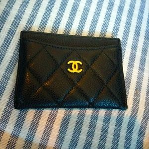 New CHANEL black grained calfskin leather(caviar)classic cardholder w/gold h.w.